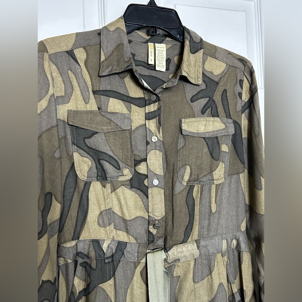 Japna Women’s Small Camo Shirt Dress Long Sleeve Button Front Tie Waist - Picture 4 of 14